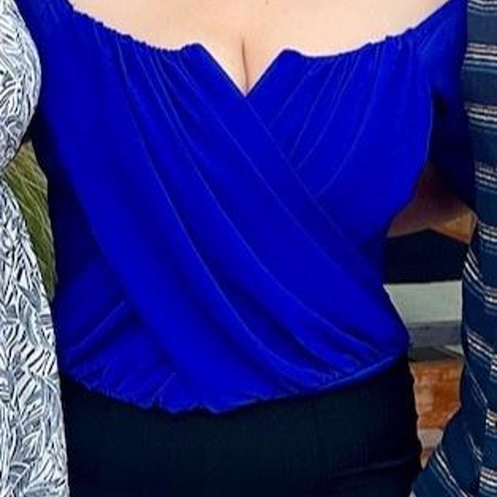 New Mode USA Royal Blue Off Shoulder Draped Blouse Balloon Sleeve Top Large
